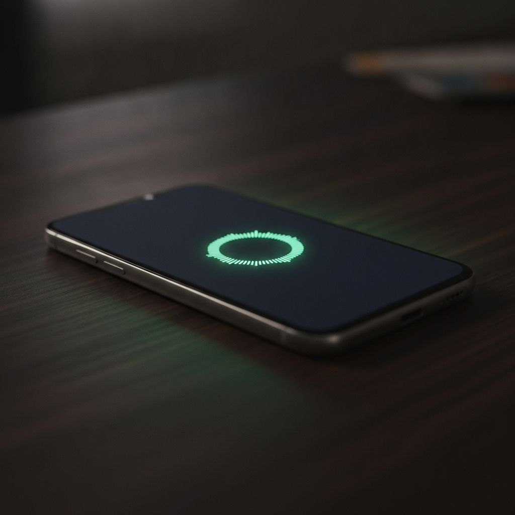 A phone lying on a dark table, its screen lit by Nida's glowing teal waveform